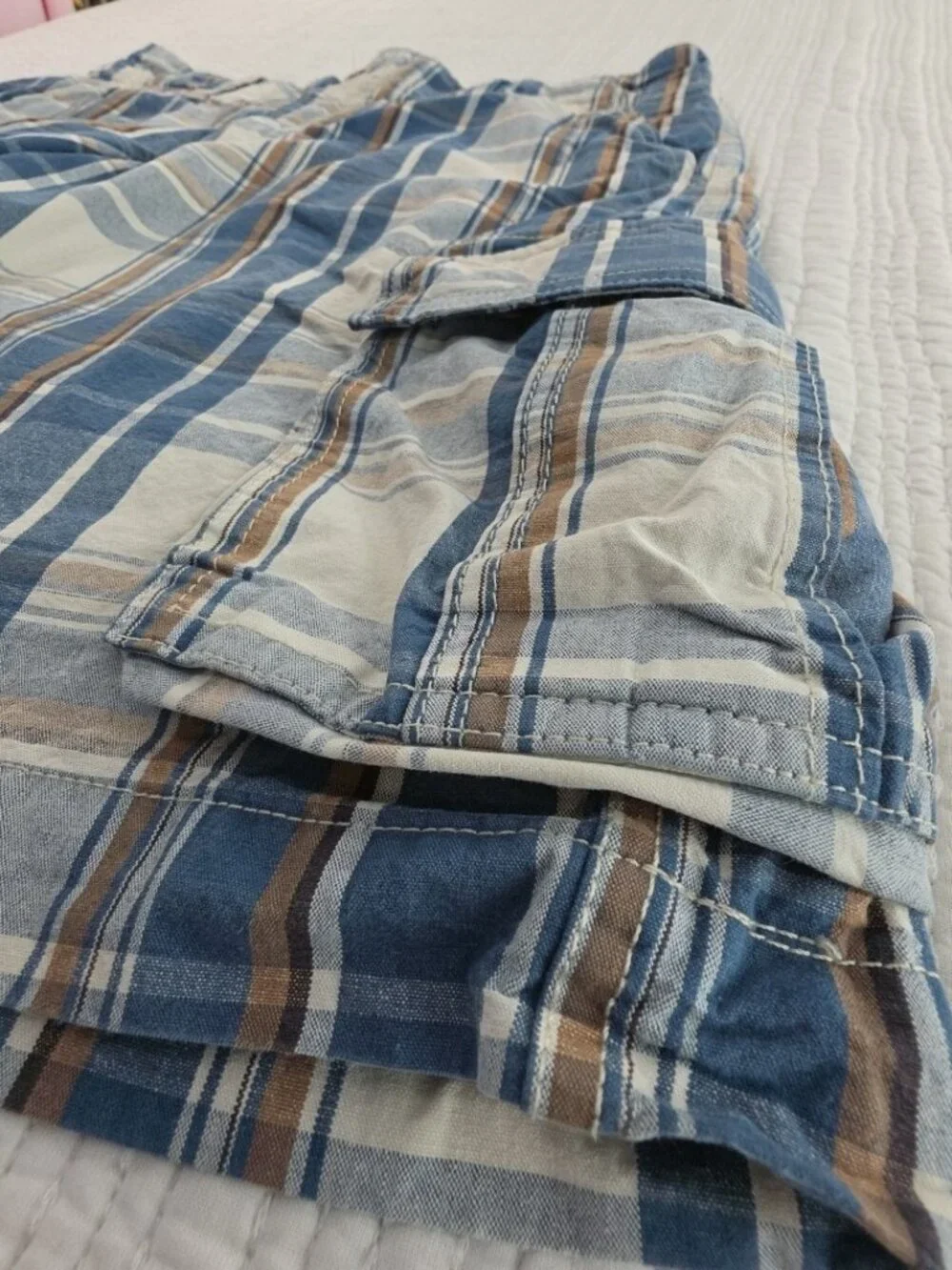 Mossimo Supply Cargo Shorts Mens 34‎ Blue Plaid 100% Cotton 6 Pockets 10